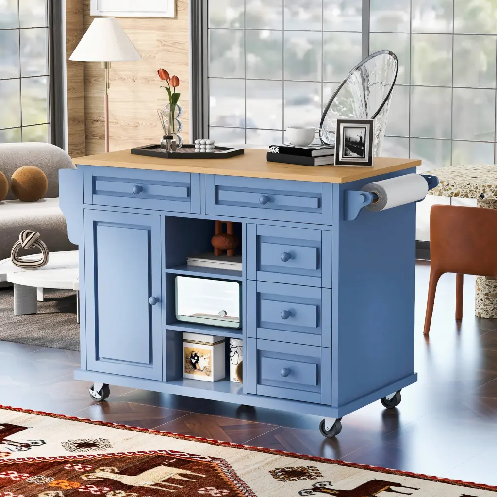 Rubber Wood Desktop Rolling Mobile Kitchen Island Shopping Basket k-k store