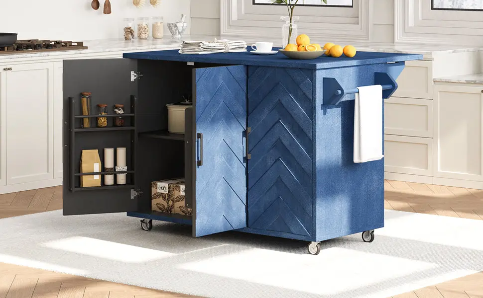 K&K 51.2 Inch 3D Wave Stripes Ash Veneer Kitchen Island Storage rnb