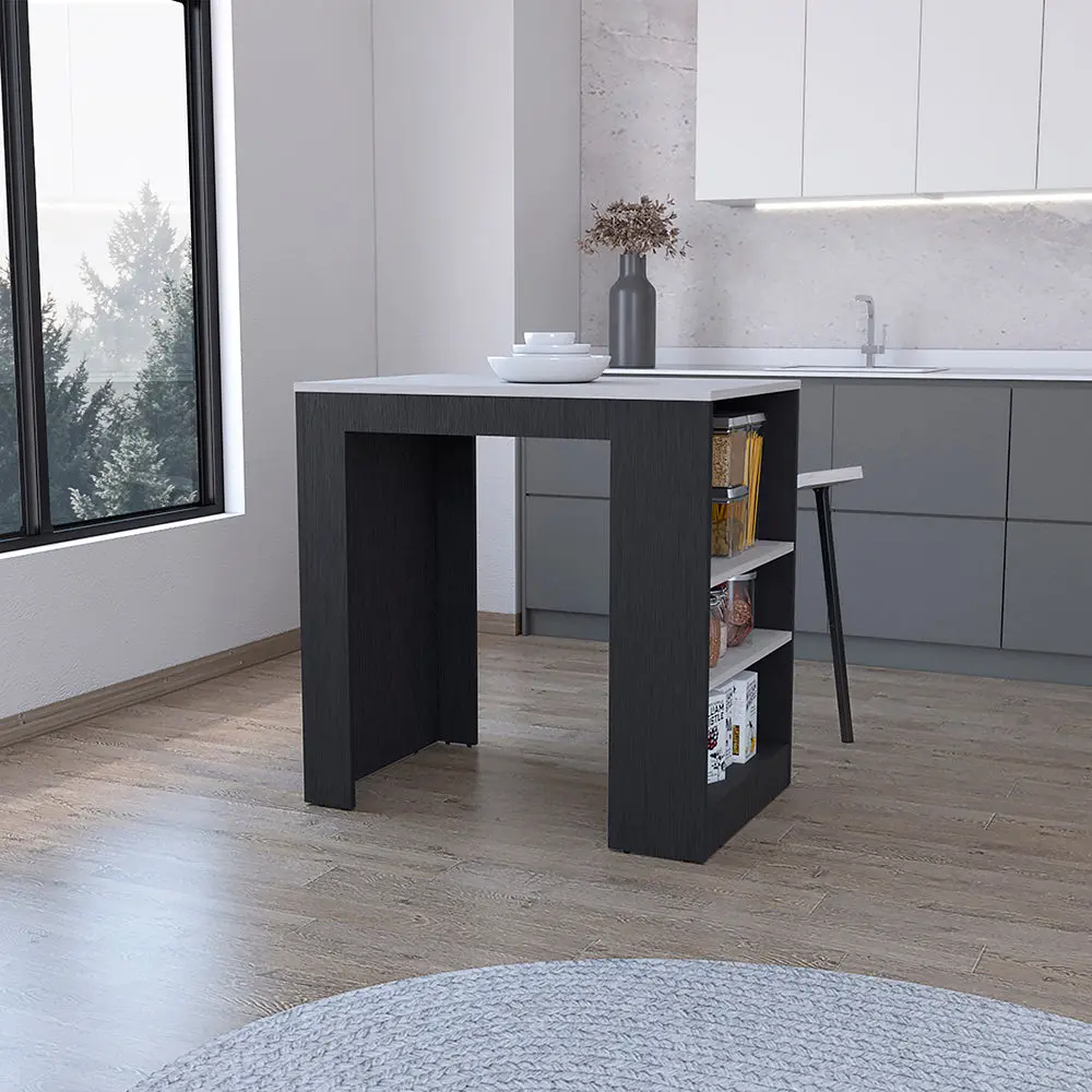 Kitchen Island Doyle Three Side Shelves Black Ibiza Stone Hue Finish treevol furniture