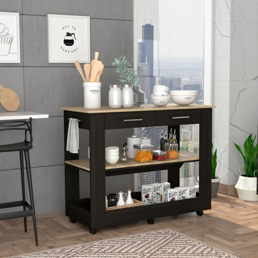 Cala Kitchen Island 46 Six Casters Two Drawers Lower Open Shelf Black tuhome