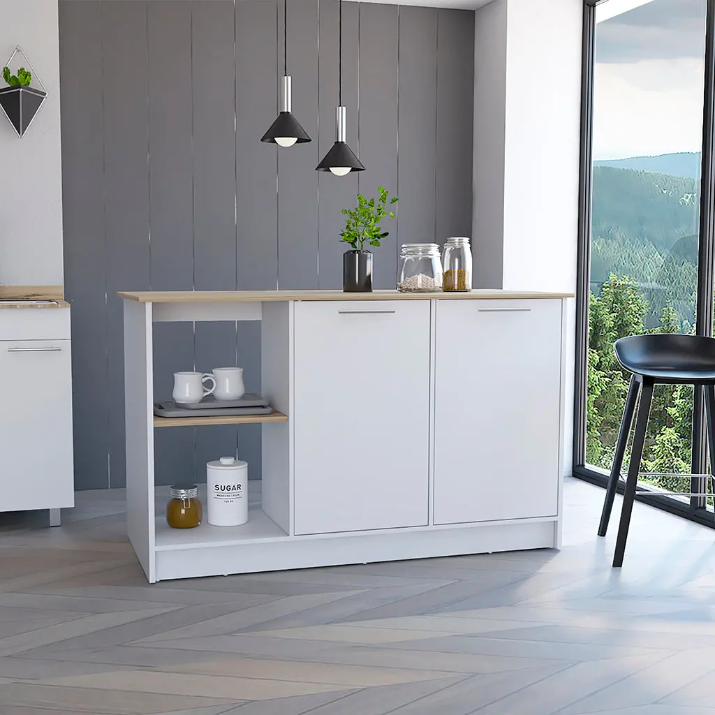 Juniper Kitchen Island Four Open Shelves And Two Cabinets Light Oak White tuhome