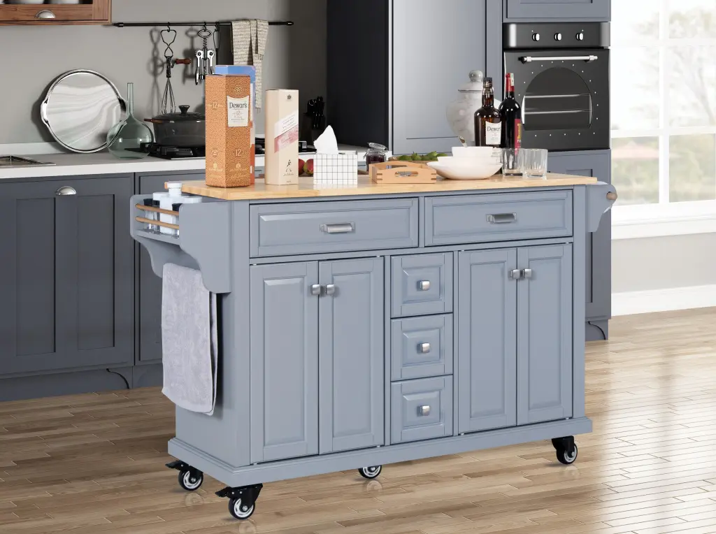 Kitchen Island Elastomer Timber Countertop And Shopping Basket On 5 Wheels ws furniture