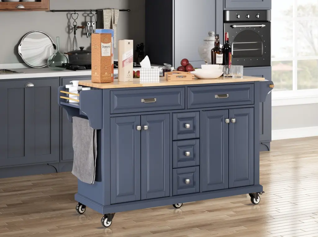 Kitchen Island Rubber Wood Countertop and Shopping Basket on 5 Wheels ws furniture
