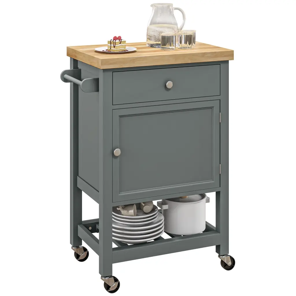 Homcom Rolling Kitchen Island Smooth Elastomer Wheels and Shopping Basket aosom business