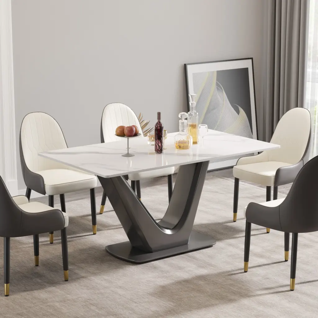 63 Inch Modern Artificial Marble White Panel Gray V Shaped Metallic Legs Can atunus