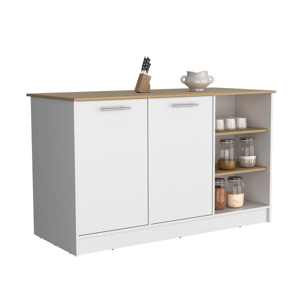 Kitchen Island Two Cabinets Three Open Shelves White Natural Oak Multi-Functional Storage depot e-shop