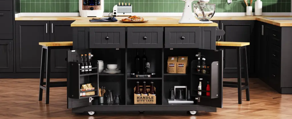 K&K 53 Inch Large Kitchen Island Drop Leaf Power Outlet Door Storage Modern Design k-k store
