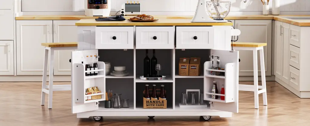 K&K 53 Inch Large Kitchen Island Drop Leaf Power Outlet Door Storage Modern Design k-k store
