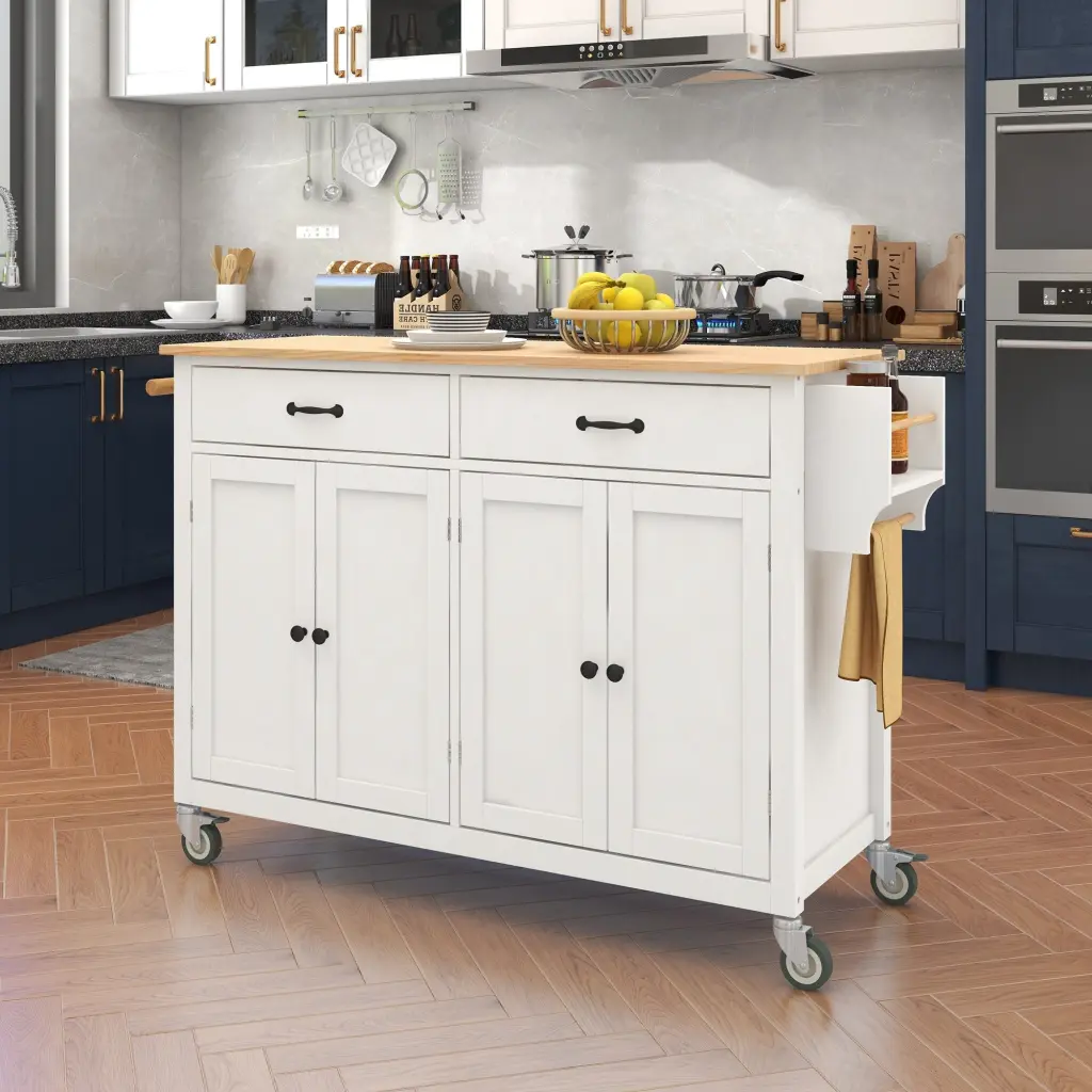 Kitchen Island Shopping Basket Solid Timber Top Locking Wheels 54.3 Inch k-k store