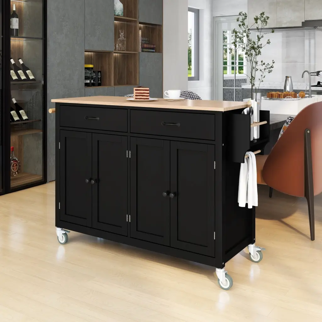 Kitchen Island Shopping Basket Solid Wood Top And Locking Wheels 54.3 Inch Wide k-k store