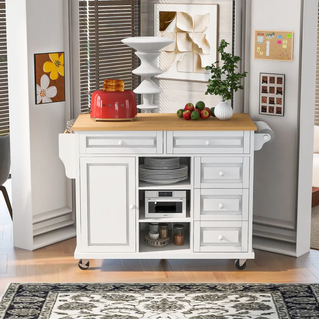 Kitchen Shopping Basket Rubber Wood Desktop Rolling Mobile Kitchen Island Storage k-k store