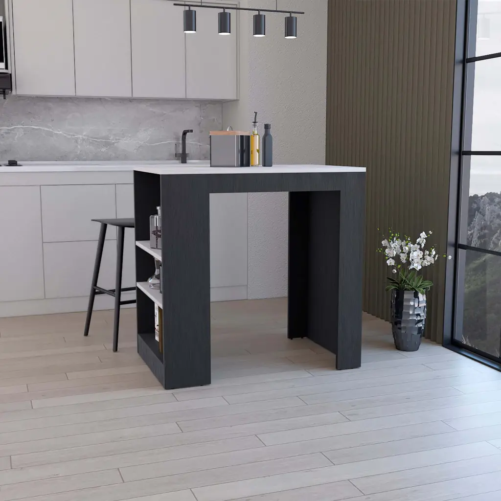 Kitchen Island Bar Table 36 Inch H 3 Side Shelves White Wood rta mubles colombia