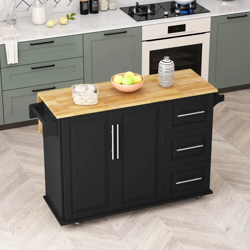 43.31 Inch Kitchen Island 2 Door Cabinet and 3 Drawers Rolling Cart Storage spribung