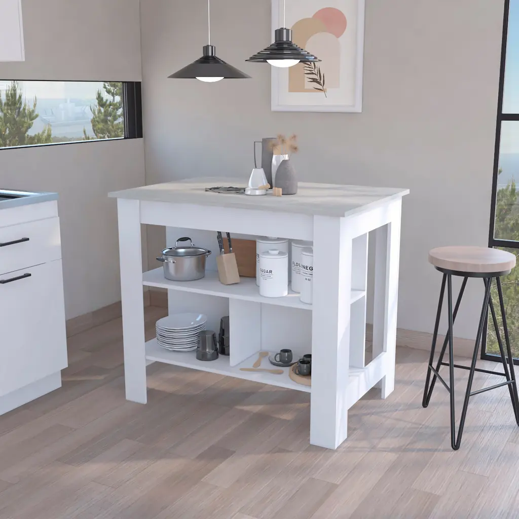 Kitchen Island Dozza Three Shelves White Ibiza Stone Hue Finish treevol furniture