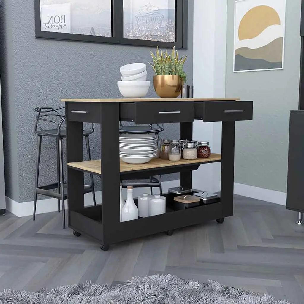 Kitchen Island 46 Inches Dozza Two Drawers Black Wengue Light Oak Finish treevol furniture