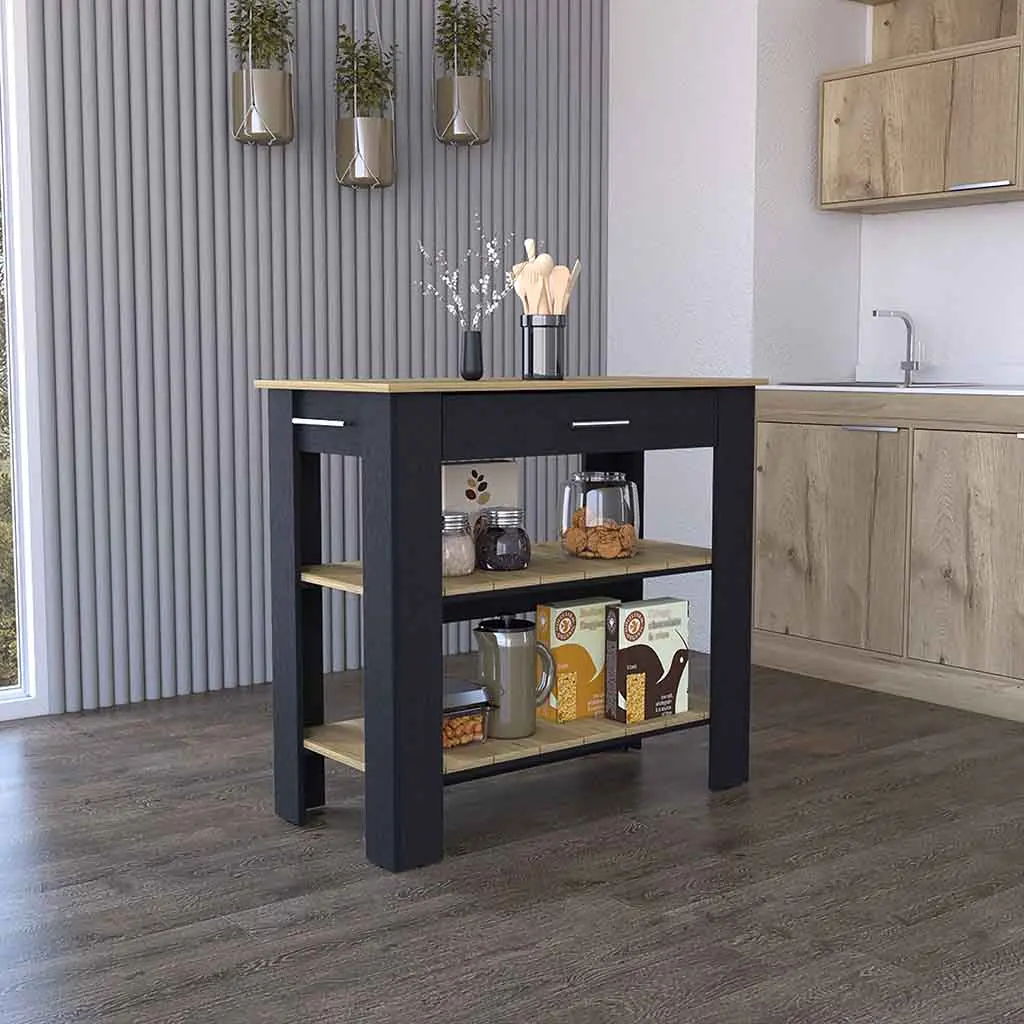 Kitchen Island 40 Inches Dozza Two Shelves Black Wengue Light Oak Finish treevol furniture