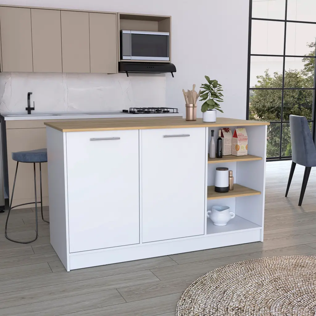 Ginger Kitchen Island Three Open Shelves And Two Cabinets Multi Functional tuhome