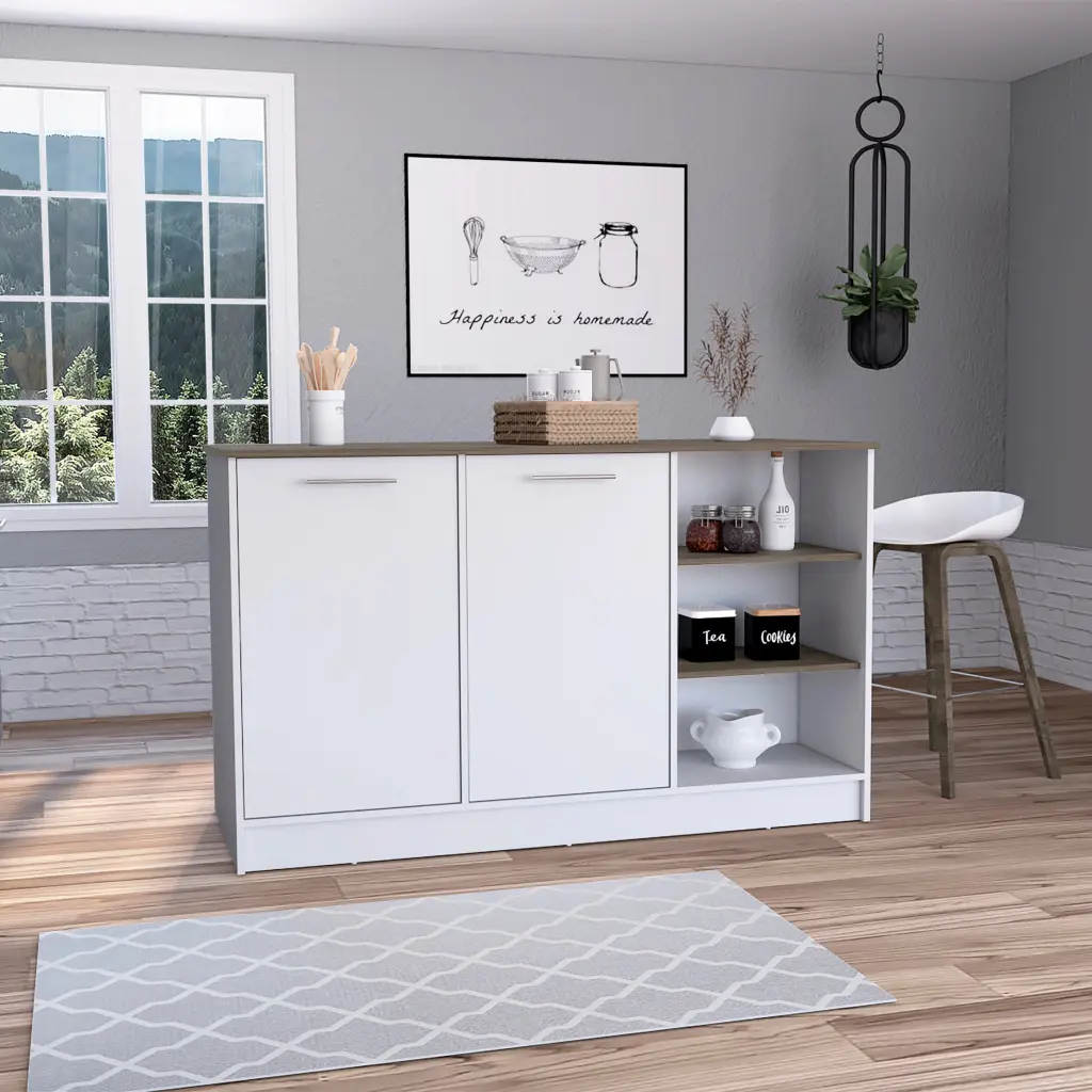 Ginger Kitchen Island Three Open Shelves and Two Cabinets Multi-Functional Storage tuhome