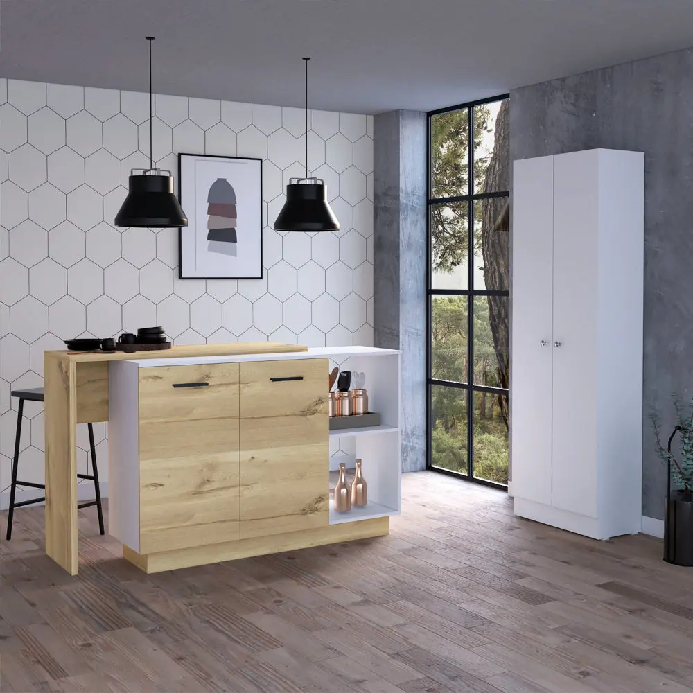 White and Light Oak 4 Door 2 Piece Kitchen Set Island and Pan furniture max