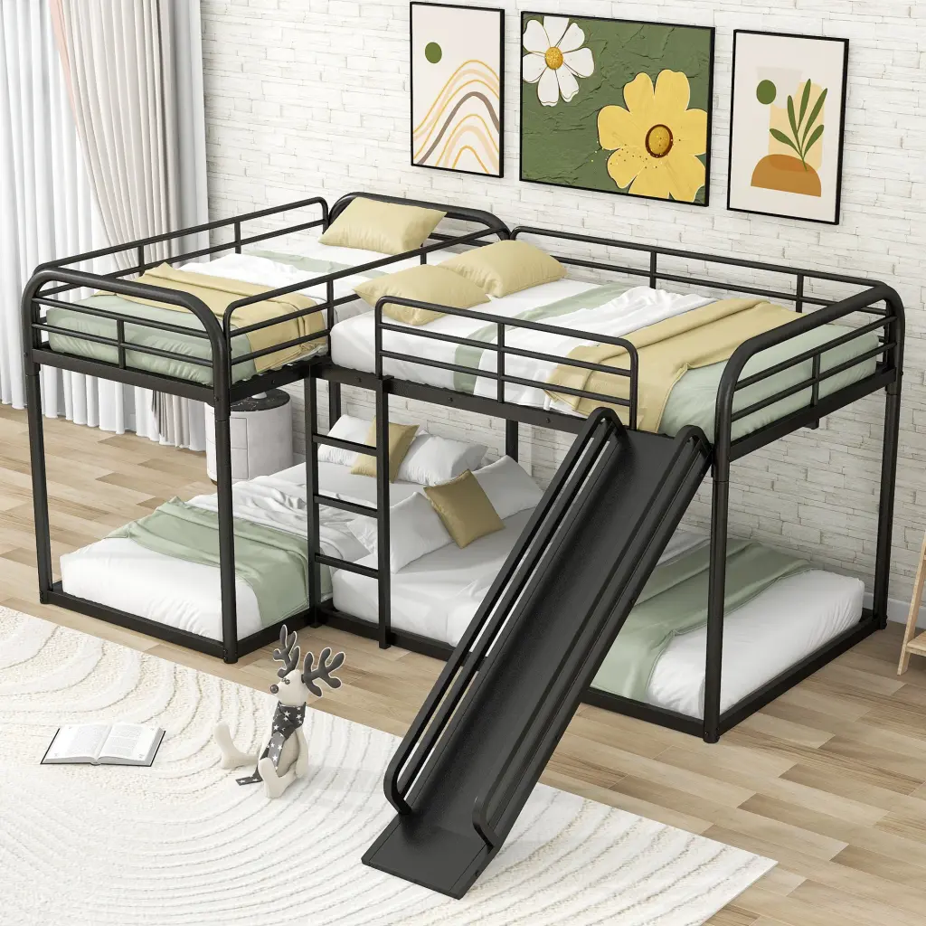 Full and Twin L Shaped Bunk Bed Slide and Short Ladder Black Modern Design wm store