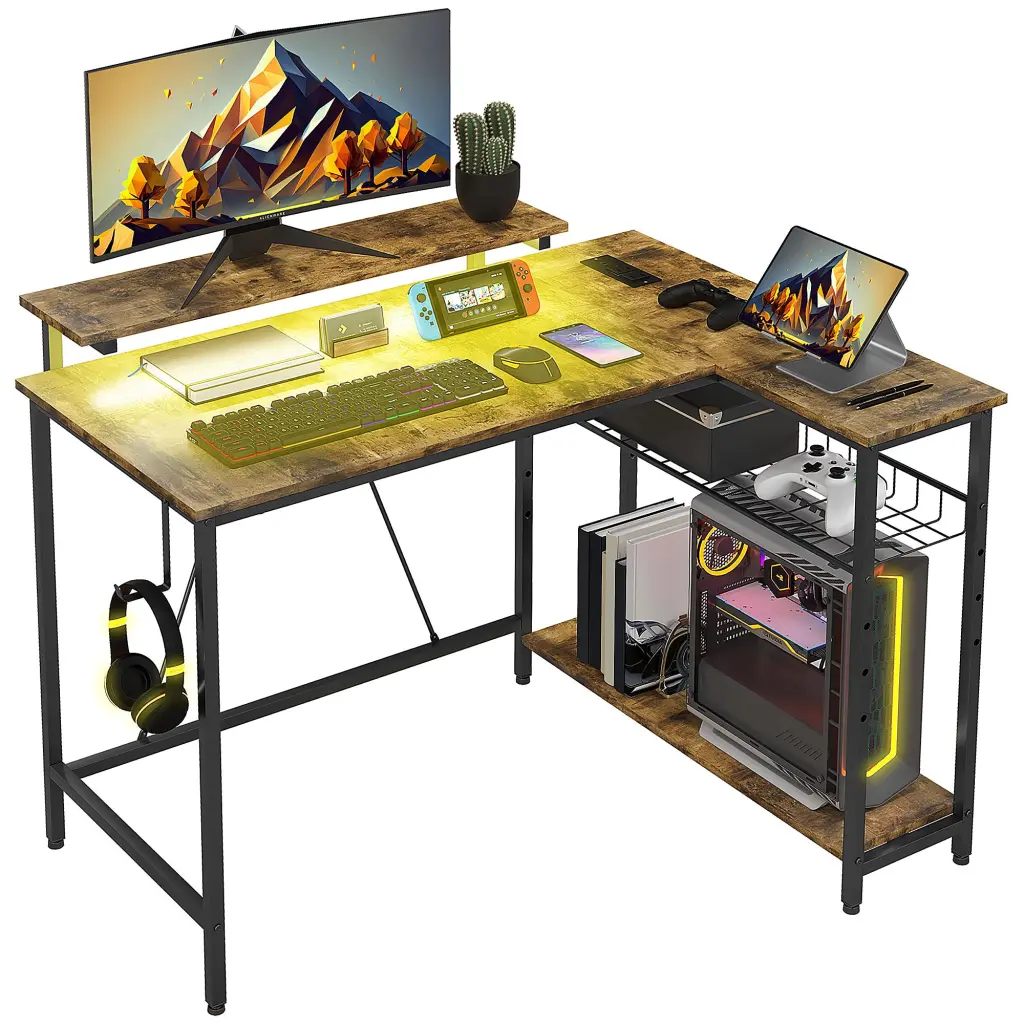 Homcom 42 Inch L Shaped Desk LED Lights Power Outlet and USB Charging Port aosom business