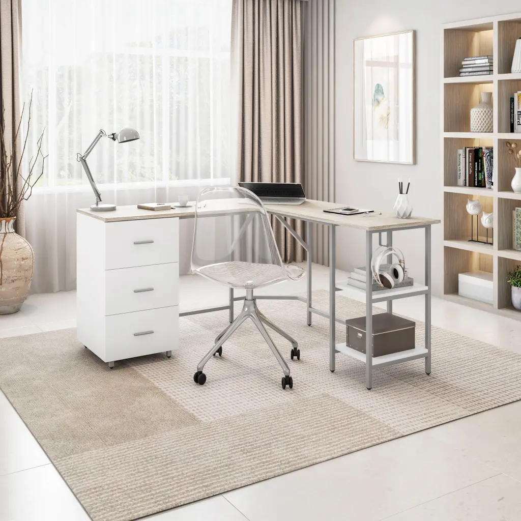 Techni Mobili L Shape Two Tone Desk Storage Sand Finish technimobili