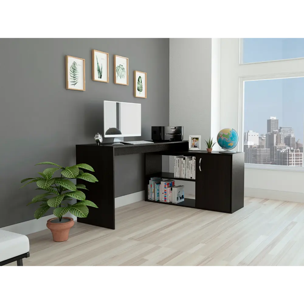 Axis Modern L Shaped Computer Desk Open and Closed Storage Black Workspace tuhome