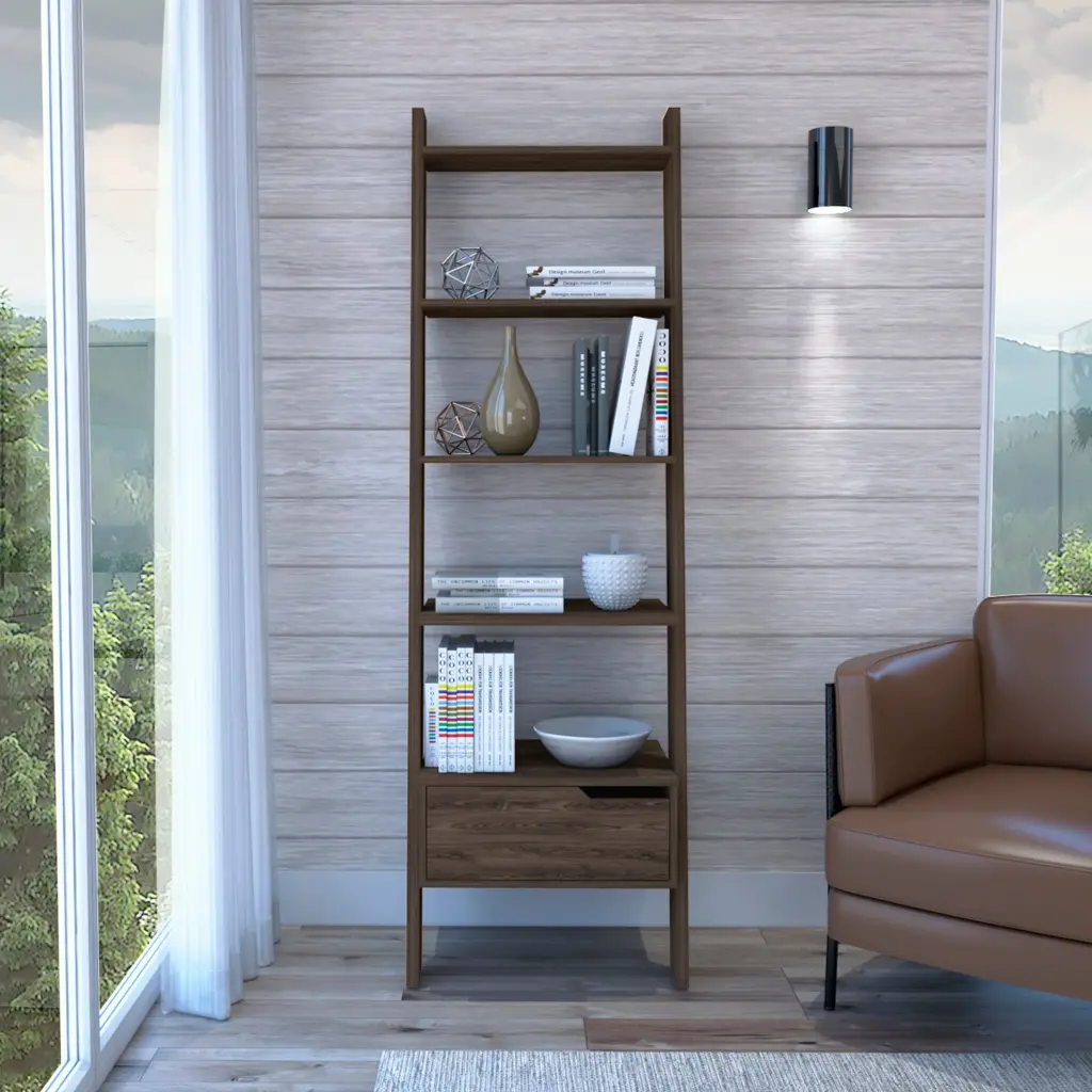 Oslo Ladder Bookcase Four Legs One Drawer and Five Open Shelves Dark Walnut rta muebles colombia