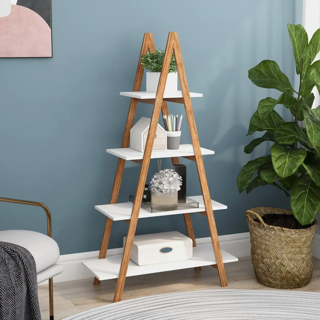 Solid Bamboo Timber Oxford Frame Ladder Display Publicationshelf White MDF cl worthy houseware co.-ltd.