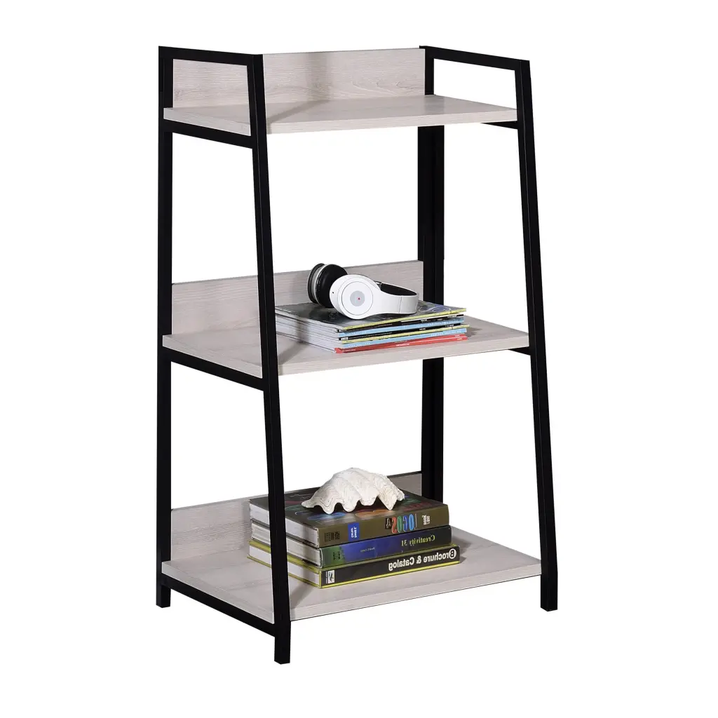 Natural and Black Ladder Bookshelf 3 Tier Beige Black Wood Metal Home Office furniture max