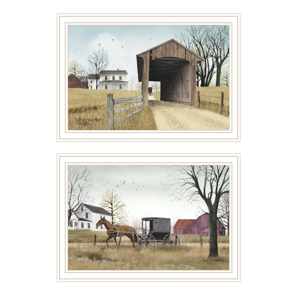 2 Piece Vignette Miller's Creek Bridge Going To Market White Framed Wall Art Living Room trendy decor 4u