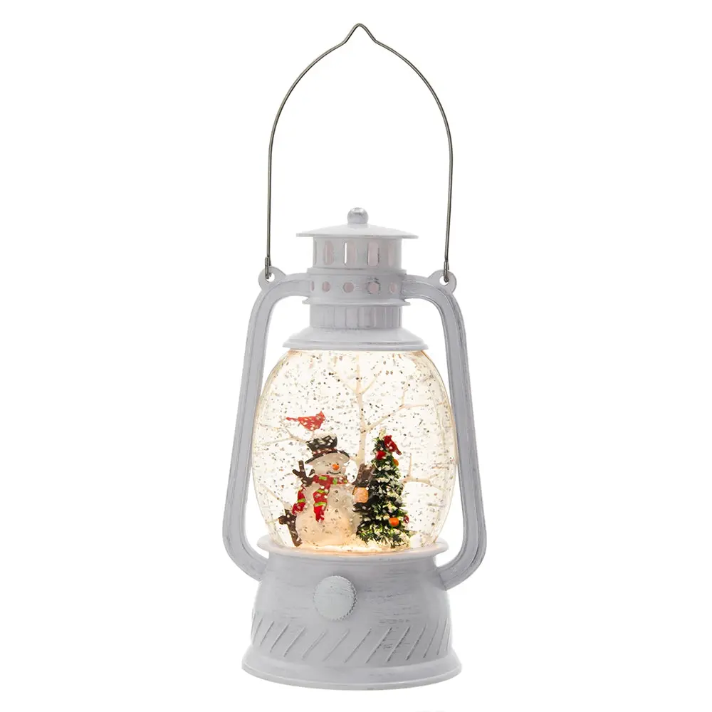 Christmas Polymer Resin White Lantern Snowman and Tree 4.7x4.7x8.3 Inches evergreen decor