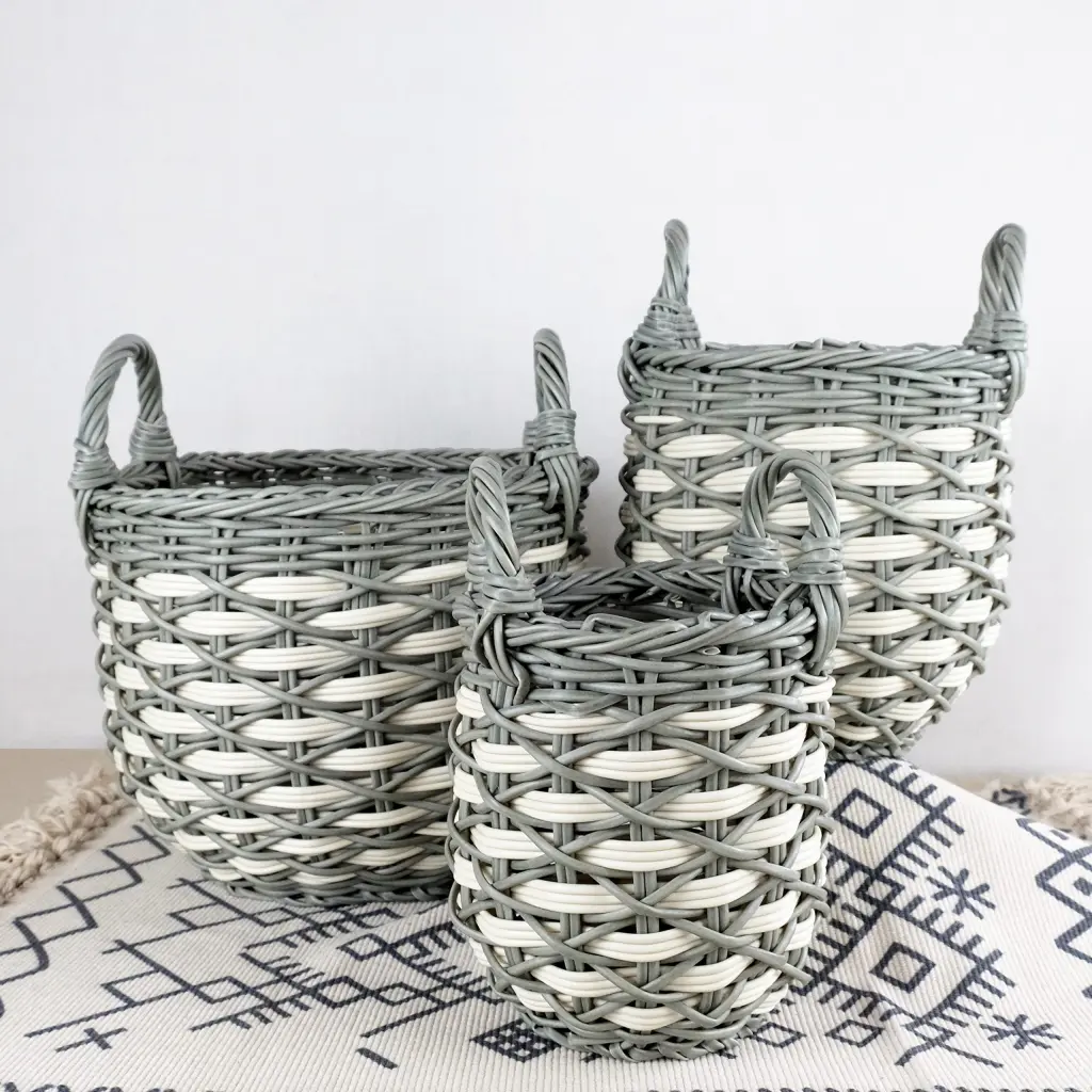 3 Pack Stackable Hand Woven Wicker Storage And Laundry Basket Handles dty home