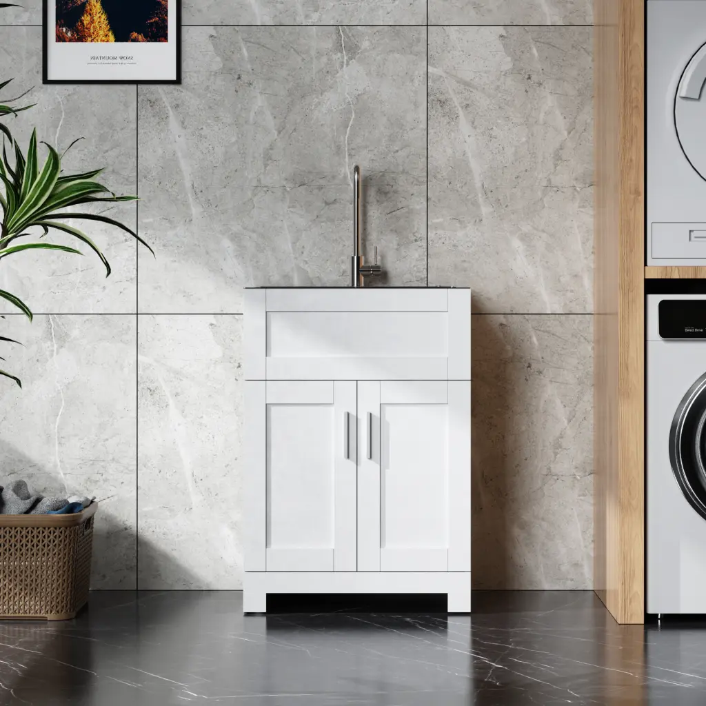 24 Inch White Laundry Tub Cabinet Stainless Steel Bundle Paint Free Durable goodyo bathroom products