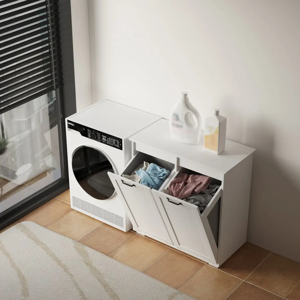 White Laundry Cabinet 2 Removable Liner Bags, MDF Construction joysource furniture