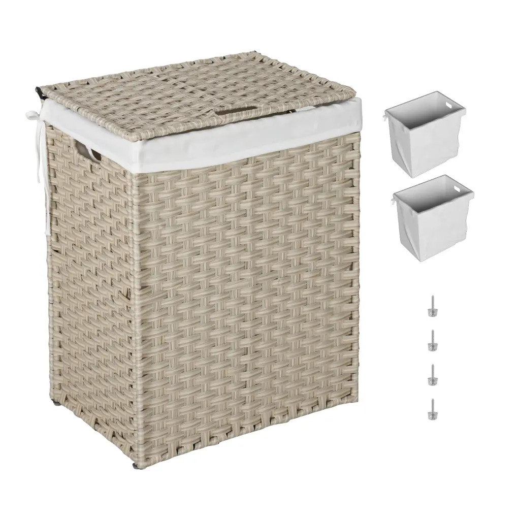 Laundry Hamper Lid PE Rattan Powder Coating Frame Clothes Hampers Bedroom beefurni