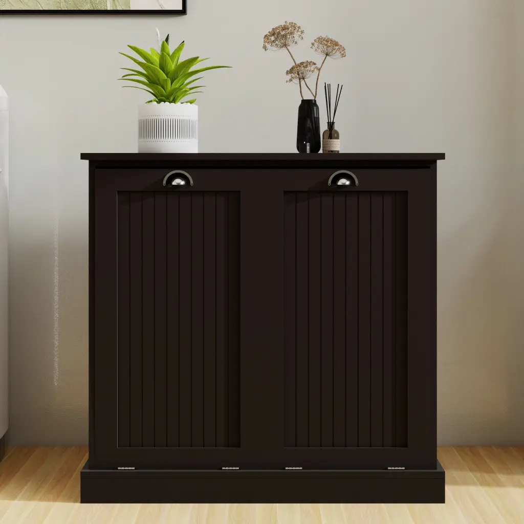 Two Compartment Tilt Out Laundry Sorter Cabinet Black MDF Space Saving Design aneway furniture
