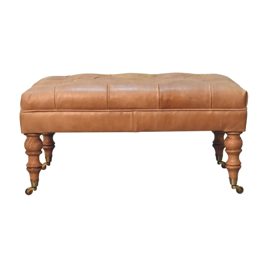 Buffalo Tan Hide Ottoman Castor Legs Walnut Hide Solid Timber Footrest Stool artisan furniture