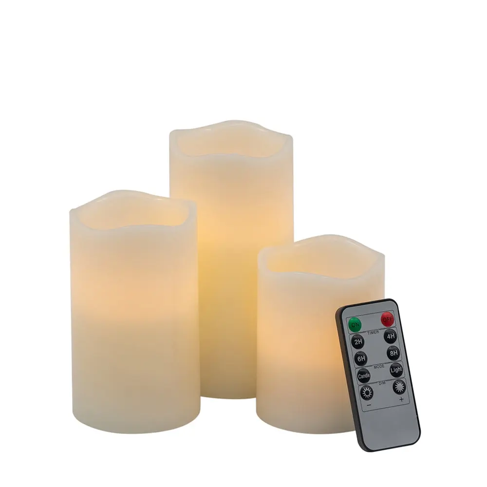 Set 3 Ivory LED Candles Remote Timer Different Sizes w2078
