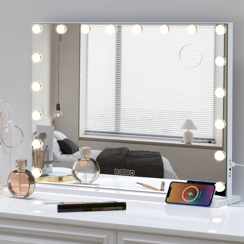 Hollywood Vanity Mirror Bluetooth Speaker 18 Bulbs 3 Light Colors golden walnut