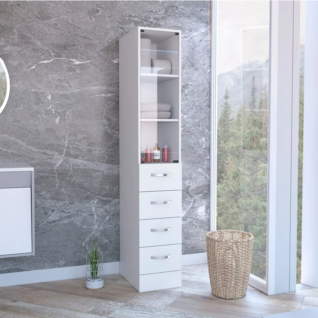 68 Inch Linen Cabinet Three Shelves Four Drawers and Metallic Handles White rta mubles colombia