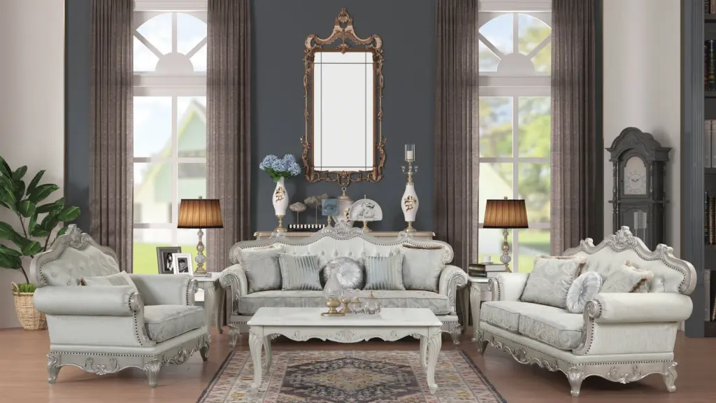 Tuscan Thick Velvet Fabric 3 Piece Living Room Set Wood Frame Silver galaxy home furnishings