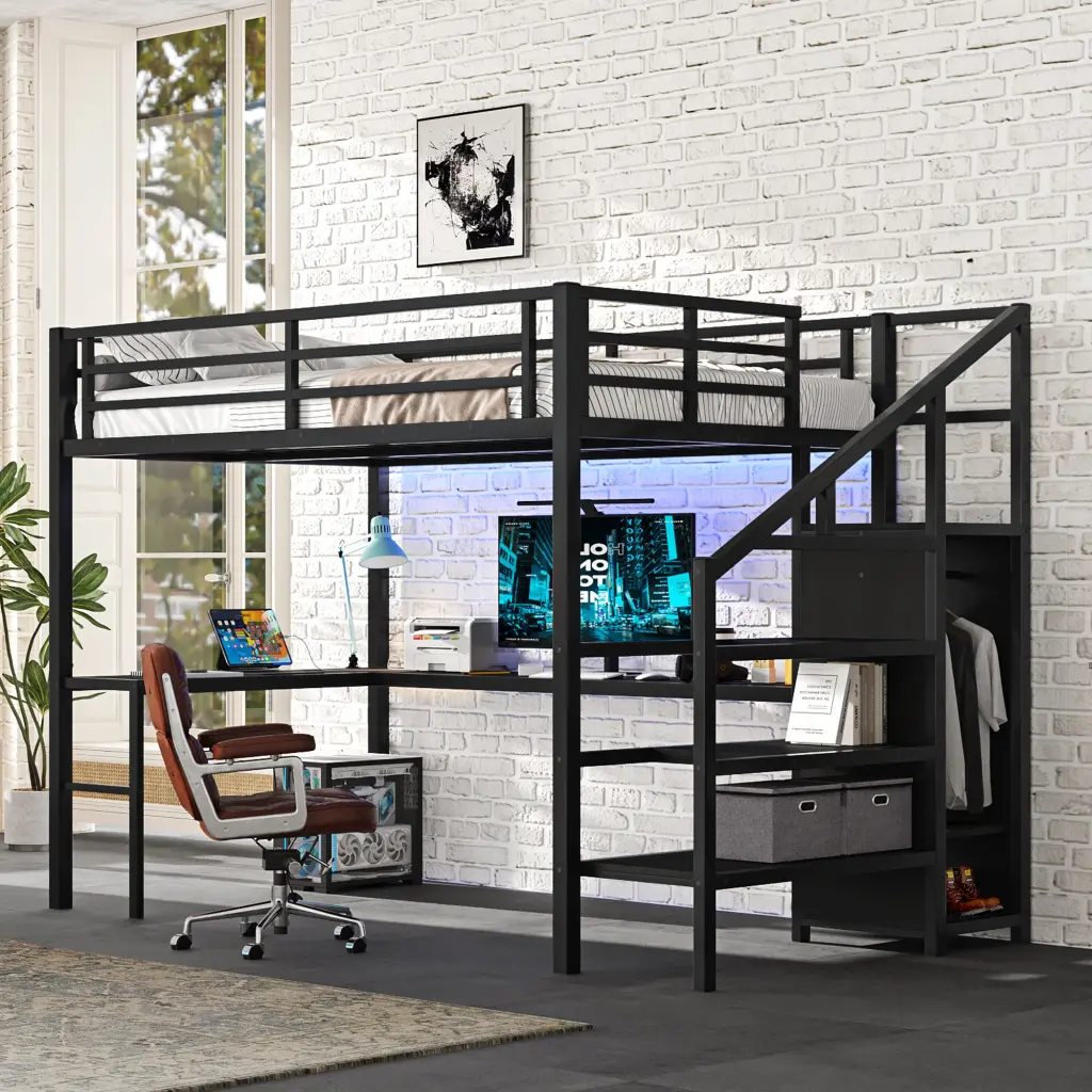 Full Dimensions Loft Bed L Shaped Desk And USB Metallic Loft Bed Wardrobe bonwell