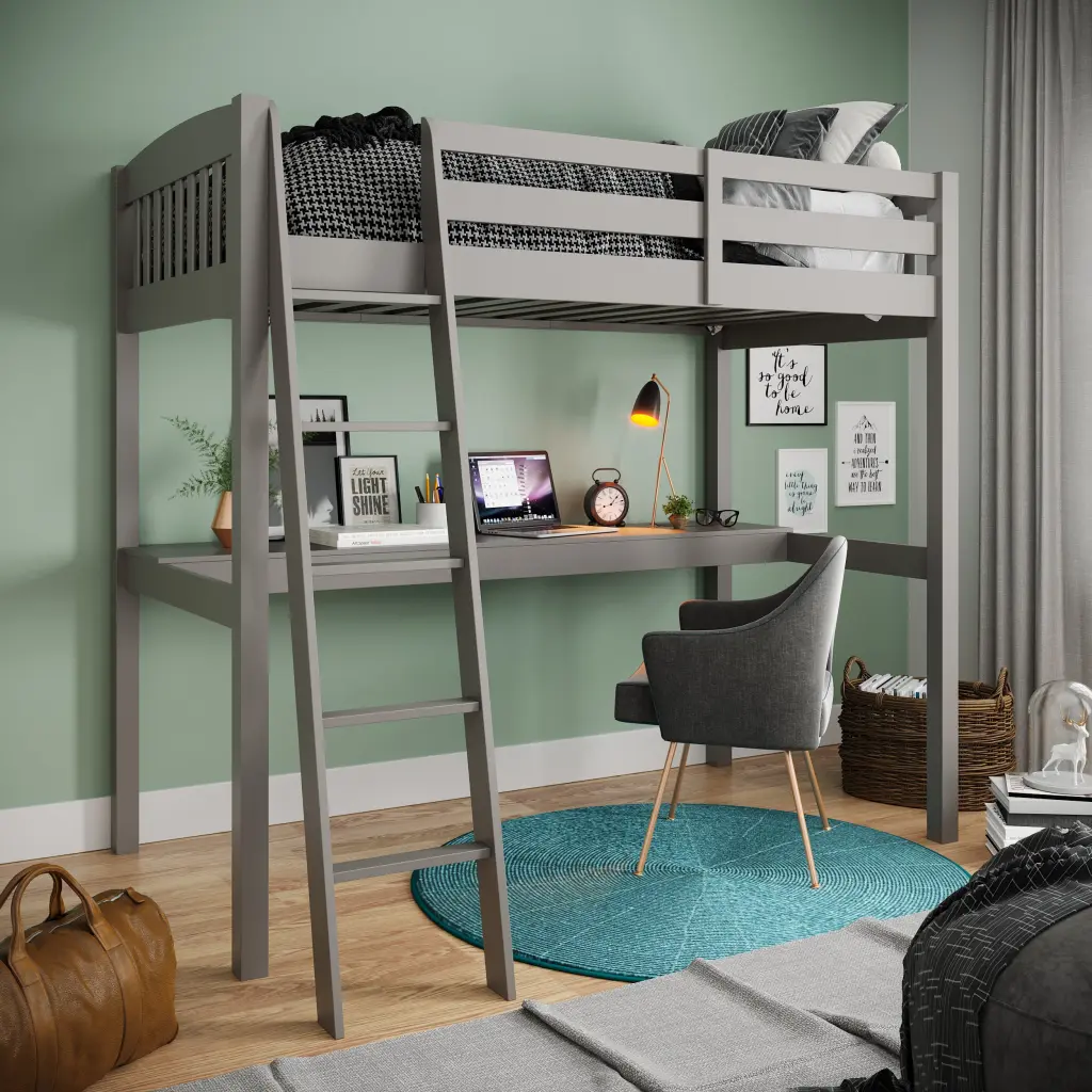 Everest Grey High Loft Bed Desk and Storage - Heavy Duty Solid Wood brazil sustainable solid wood furniture