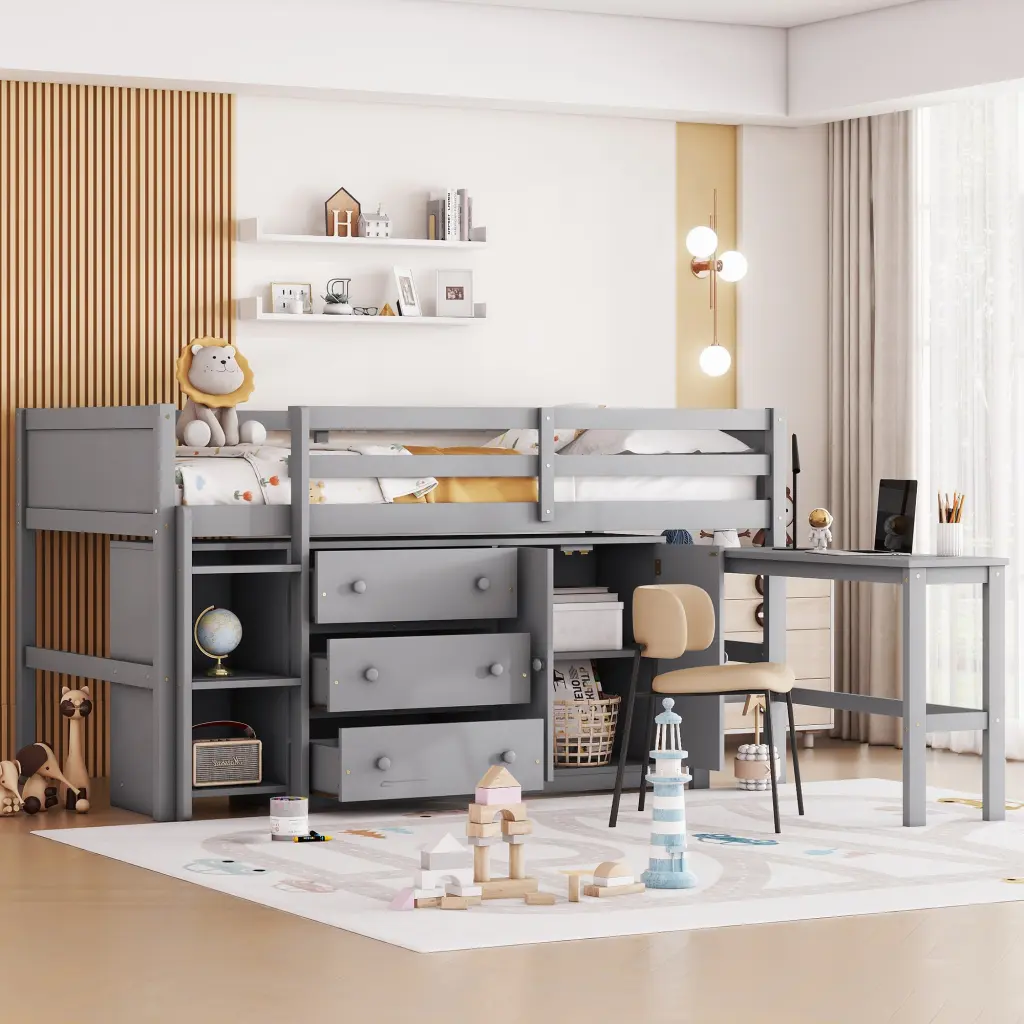 Twin Low Loft Bed Pull Out Desk Drawers Cabinet And Shelves fangxing