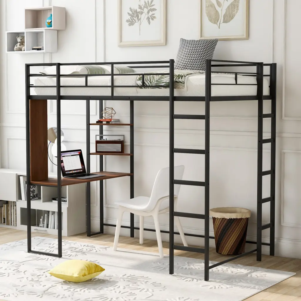 Black Twin Metallic Loft Bed 2 Shelves And Desk Space Saving lucky furniture