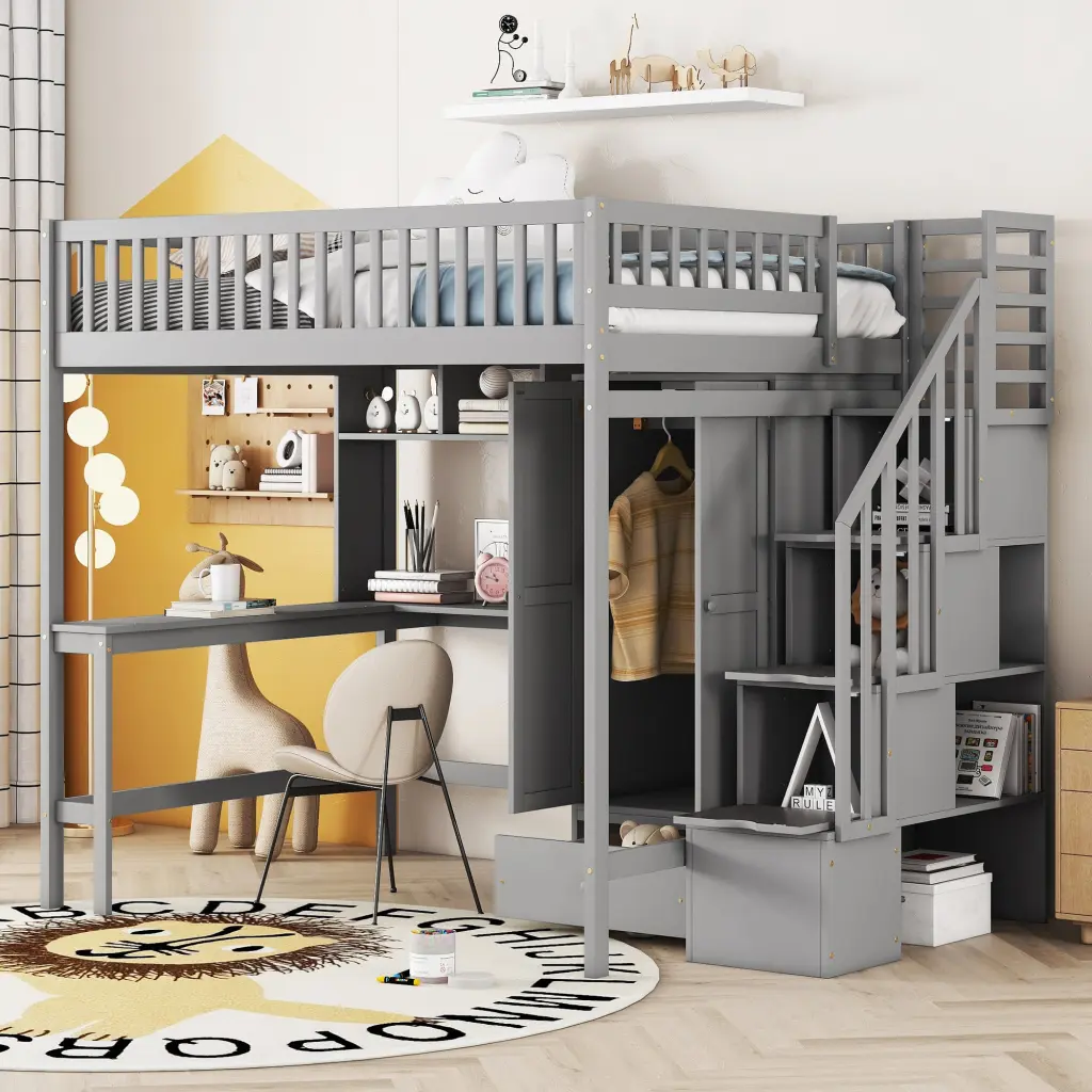 Full Dimension Loft Bed Bookshelf Drawers Desk And Wardrobe Gray Space Saver lucky furniture