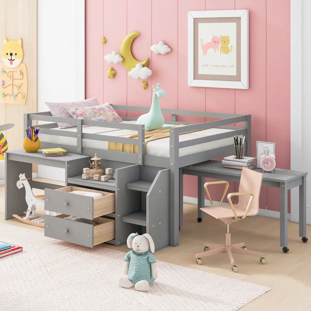 Full Dimensions Loft Bed Desk and Drawers Wooden Space-Saving Study Bed lucky furniture