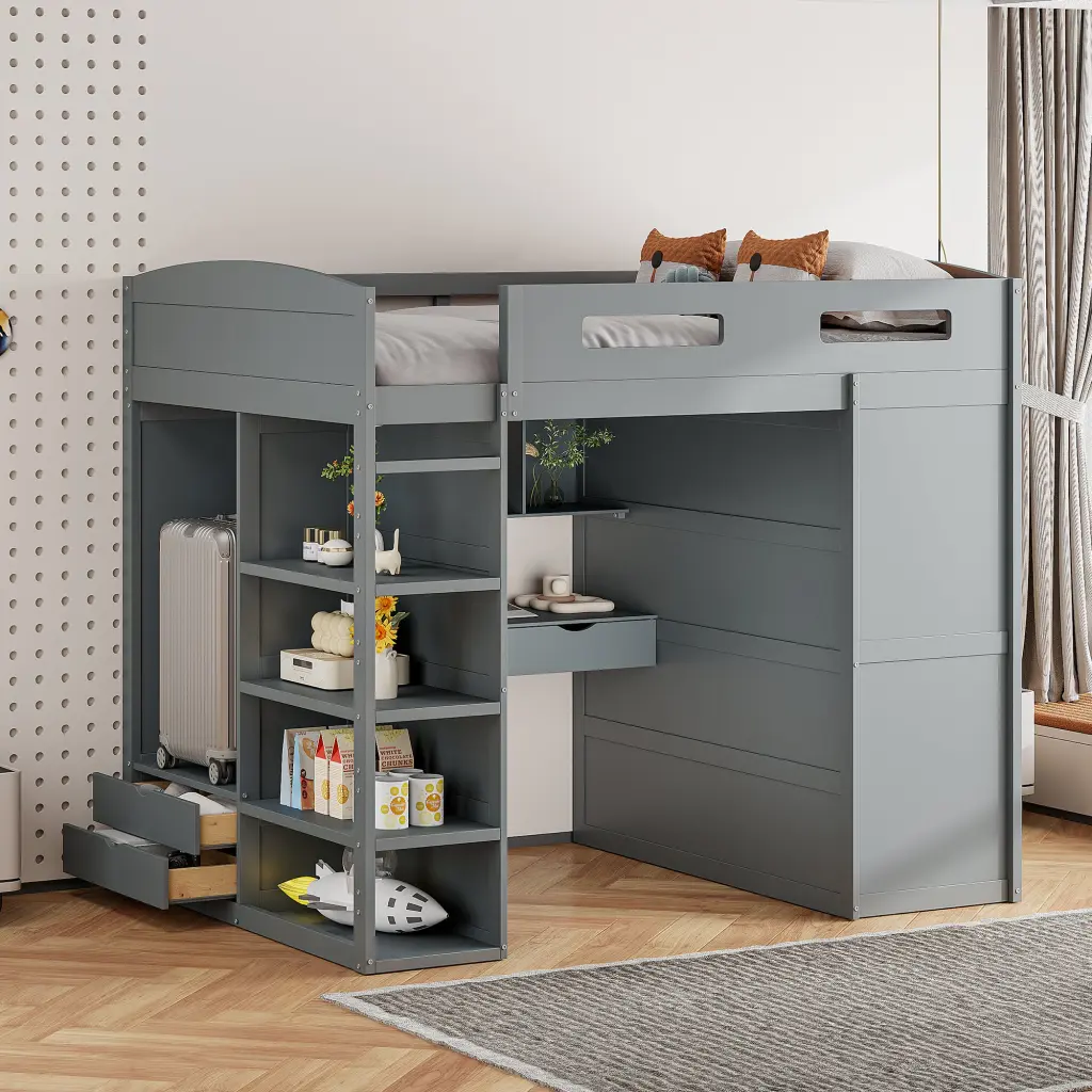 Full Dimensions Loft Bed Desk Wardrobes 4 Drawers And 4 Shelves Gray lucky furniture
