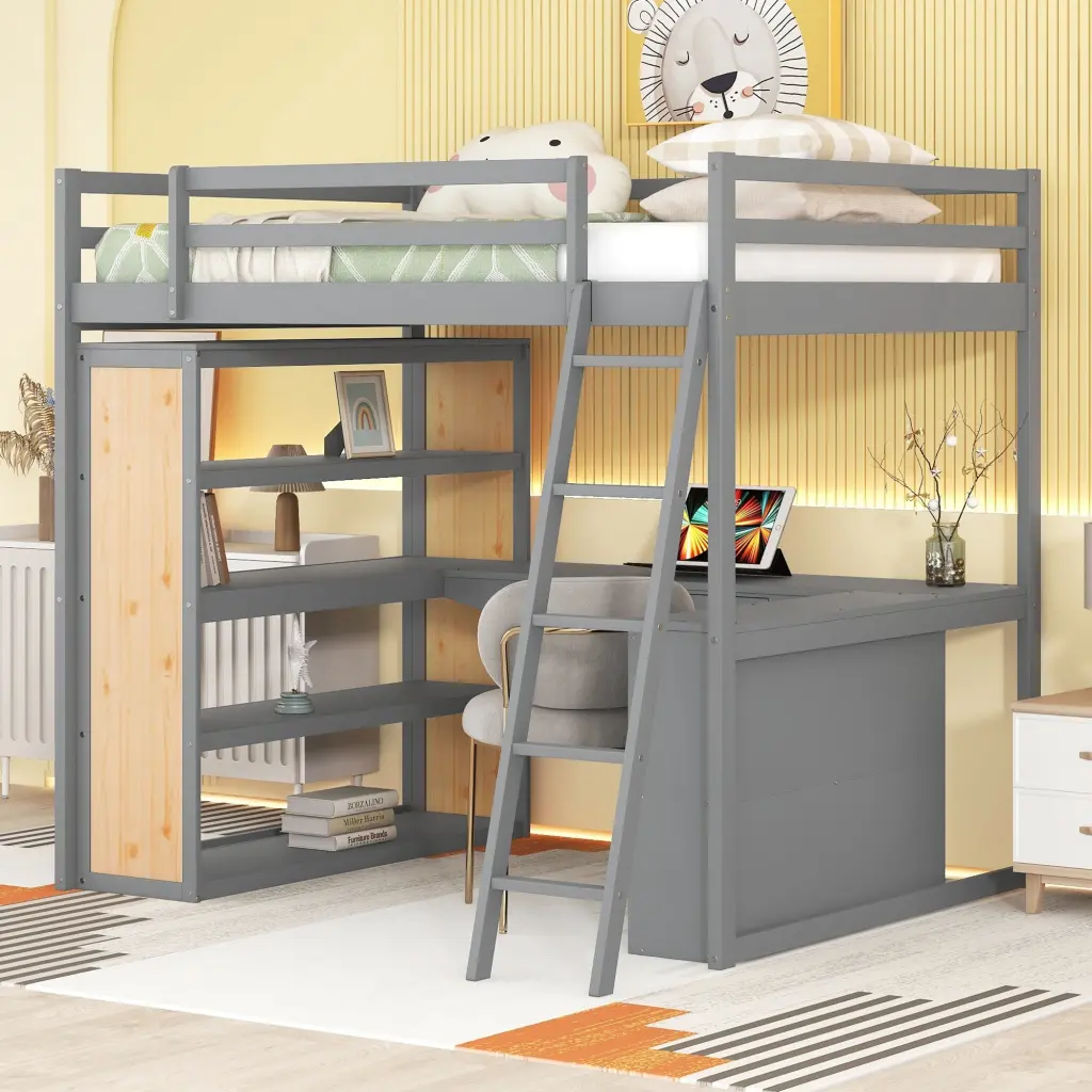 Full Dimensions Loft Bed Ladder Shelves and Desk Gray lucky furniture